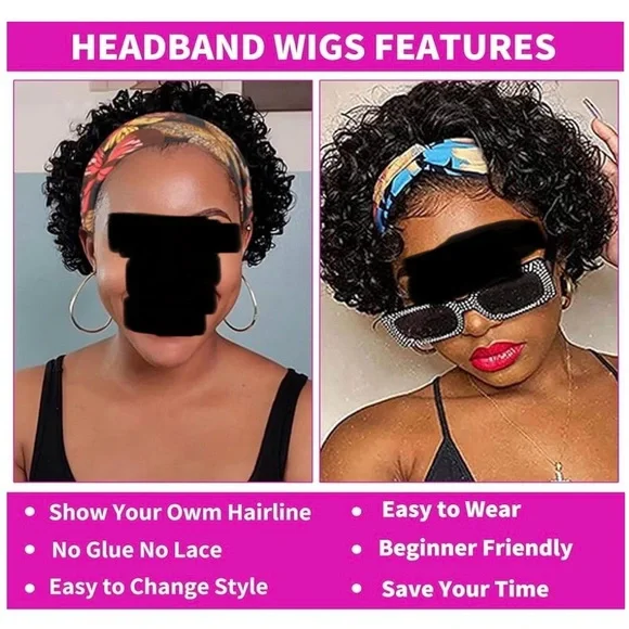 💯% HUMAN Hair Wig, Headband Pixie Cut Curly, Glueless Ombre Black to Copper